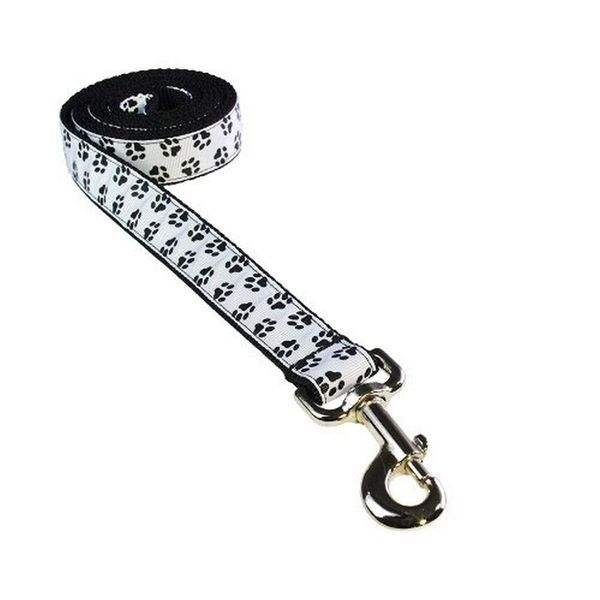 Large Black/Wht. Puppy Paws Dog Leash: 1" Wide, 6ft Length - Made in USA.