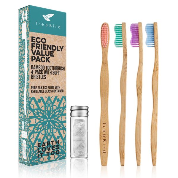 Bamboo Toothbrush 4-Pack & Compostable Silk Dental Floss with Refillable Glass Holder | Biodegradable Oral Care Set | Soft BPA-Free Bristles | Natural Eco-Friendly Gifts for Men & Women | Moso Handle