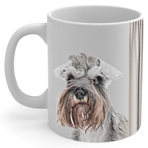 Grizzle Miniature Schnauzer Portrait Mug 11oz White - Cute Curtain Peeking Design Ceramic Coffee Cup - Gifts for Dog Lovers
