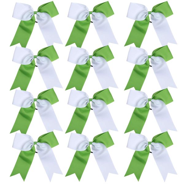 Cheerleading Bow Jumbo Cheer Bows 12 Pcs 7 Inch Ponytail Holder Cheerleader Bows Hair Tie (Green/White)