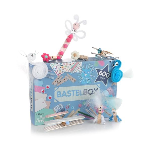 Lulubug Bastelset Kinder, 600 Teile + Bastelanleitung | Tonkarton, Washi Tape, Pfeifenreiniger, Eisstiele, Wackelaugen, PomPons, Lesezeichen, Sticker, Bastelstreifen, Pailletten uvm | Blue Sky