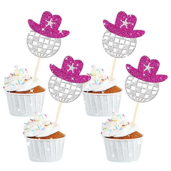 24 PCS Disco Ball Cowgirl Hat Cupcake Toppers Glitter Star Western Cowboy Hat Disco Balls Cupcake Picks for 1970s Disco Music Theme Wedding Bridal Shower Birthday Party Cake Decorations Supplies