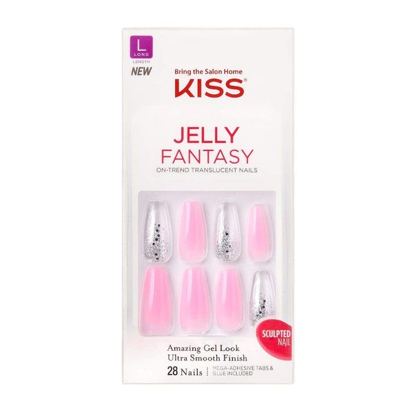 KISS Jelly Fantasy On-Trend Translucent Nails, Long Sculpted Glue-On/Press-On Fake Nails Kit, “Sweatpants”, with Gel Nail Glue, 24 Mega Adhesive Tabs, Mini File, Manicure Stick, & 28 False Nails