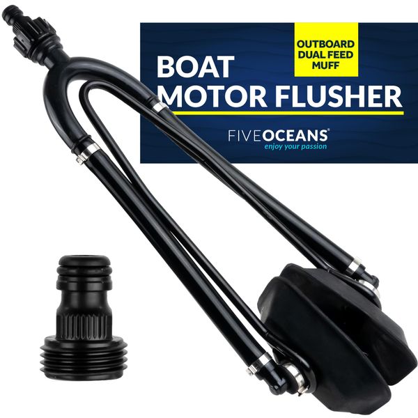 Five Oceans Outboard Motor Muffs, Dual Feed Muff Boat Motor Flusher, Black PVC Marine Grade Rectangular Muffs, Coated Steel Bracket, Includes Garden Hose Connector and Quick Connect Adapter - FO4241