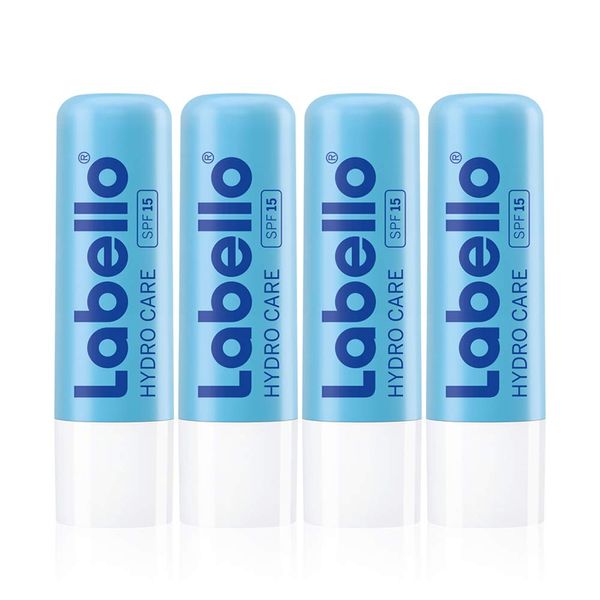 Labello Hydro Care Pack of 4 (4 x 4.8 g), Lip Care without Mineral Oils for Dry Lips, Lip Balm with SPF 15 and Shea Butter for Nourishing Lip Protection