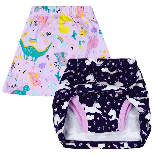 FLYISH DIRECT Girls Potty Training Pants, Toddler Girls Skirt with Built-in Absorbent Potty Training Underwear, Cotton Girls Training Pants in Skirt Style, 2 Packs, Unicorn & Dinosaur, 4 Years