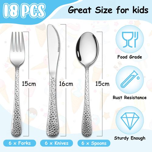 Joyfair Kids Cutlery Set, 18 Pcs Stainless Steel Childrens Cutlery Set, Toddler Silverware Set/Child Eating Utensils Set Include 6 Forks, 6 Spoons, 6 Safe Knives, Hammered Design & Dishwasher Safe