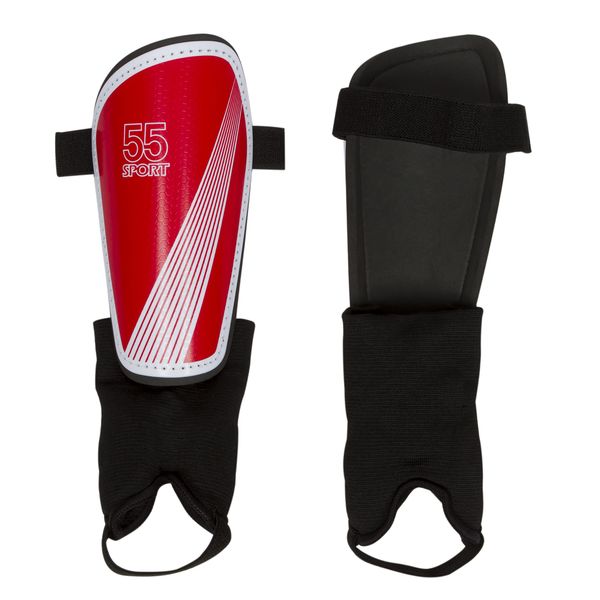 55 Sport Vortex Club Adult & Junior Protective Football Shin Guards with Ankle Protector - Red - M