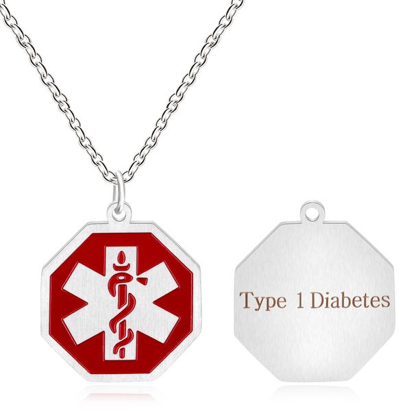 JunyiDIY Personalized Engraved Type 1 Diabetes Medical Necklace - Red Medical Symbol 19.7-inch Chain Best Friends Forever BFF Health Jewelry for Friends(Silver)