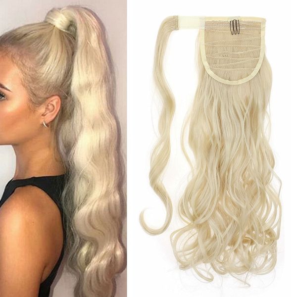 17" Long Curly Wavy Wrap Around Ponytail Clip in Hair Extensions One Piece Hairpiece Magic Tape in Pony Tail Extension for Women Bleach Blonde