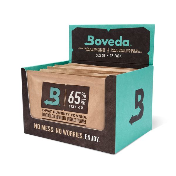 Boveda 65% Two-Way Humidity Control Packs For Aging & Long-Term Storage in Plastic & Wood Boxes – Size 60 – 12 Pack – Moisture Absorbers – Humidifier Packs – Individually Wrapped Hydration Packets