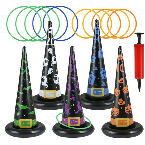 LEMESO Halloween Ring Toss Game Toy for Children, 16 Piece Set, Family Sports, Action Game, Halloween Goods, Cosplay, Air Pump, Family Ring Toss Game, Parent-child Game, Ring Toss Game, Inflatable