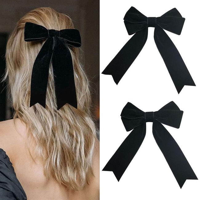 Hair Bows, 2PCS Velvet Bow Hair Clips Tail Satin Bow Long Tail Headpieces, Bow Hair Slides Solid Color Bowknot Hairpin French Barrette, Hair Accessories for Party Gift Girls Women