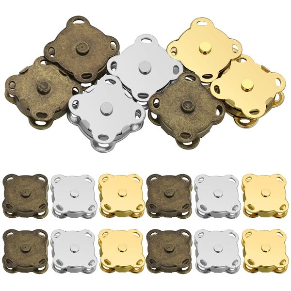 12 Pack Magnetic Buttons, Magnetic Bag Fasteners, Metal Snap Buttons, 15mm Snap Fasteners Magnetic Clasps for Bags Purses Handbag Wallet Sewing DIY Craft, (Gold Silver Bronze)