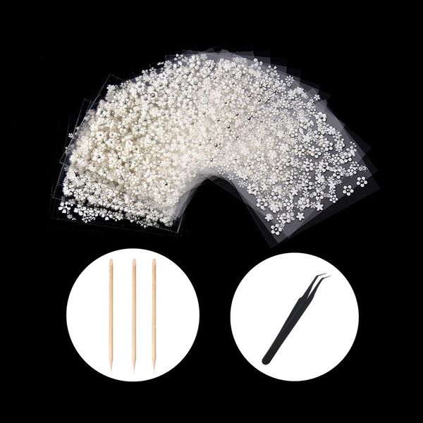 WOKOTO 30pcs White Adhesive 3d Nail Stickers Flower Nail Art Decoration Accessory With 1 Pcs Anti-Static Tweezers And 5 Pcs Wood Nail Art Stick Cuticle Pusher