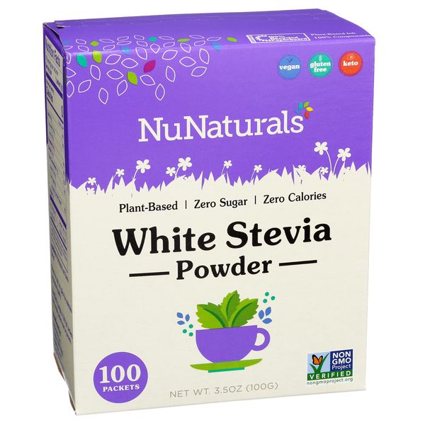 NuNaturals White Stevia Powder Packets, Single-Serve, Zero Calorie Sugar Substitute, 100 count