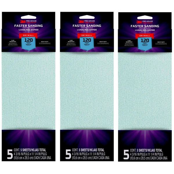 3 Packs 3M Pro Grade Precision Sanding Sheet Drywall 120 Medium (5 Sheets/Pack)