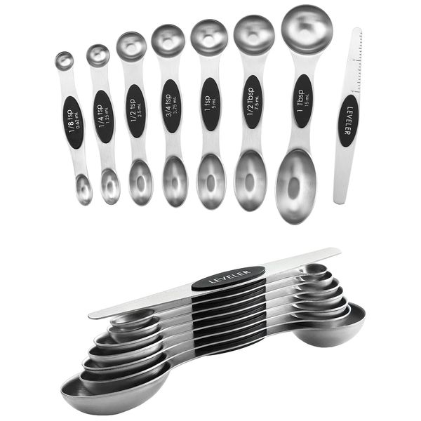 Spring Chef Magnetic Measuring Spoons Set, Dual Sided, Stainless Steel, Fits in Spice Jars, Black, Set of 8, 2 Pack