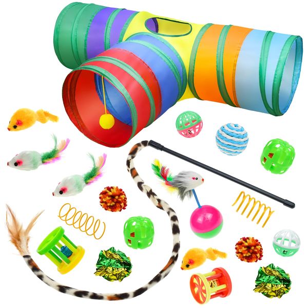 Malier Interactive Cat Tunnel Toys Set With Feather Toy, Crinkle Balls, and 3-Way Tube - Great for Kittens and Cats