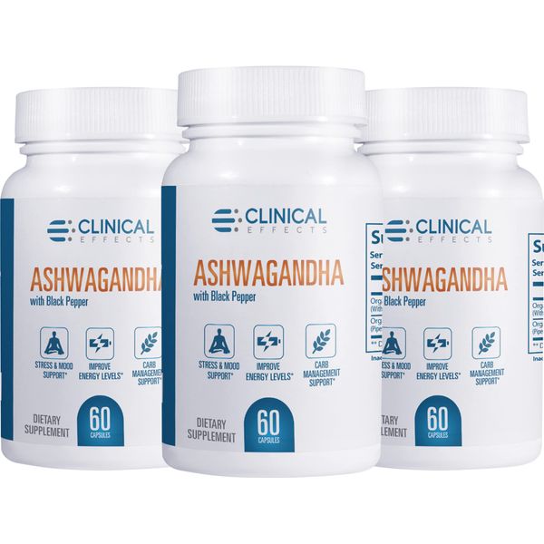 Clinical Effects Ashwagandha with Black Pepper for Stamina and Calm - 3 Pack, 180 Ashwagandha Capsules - Made in The USA