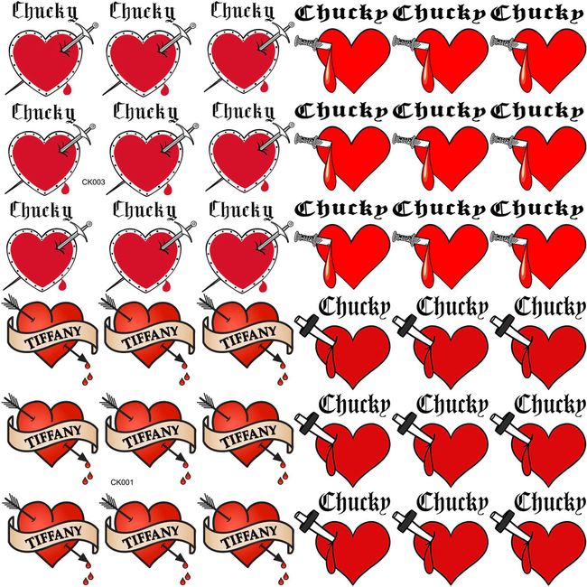 COKTAK 36 PCS Bride of Chucky Tattoo Heart For Women Men Kids Adults, Halloween Zombie Chucky Makeup Kit, Tiffany Costume Chucky Heart Temporary Tattoos Stickers, Bride of Chucky Halloween Costume