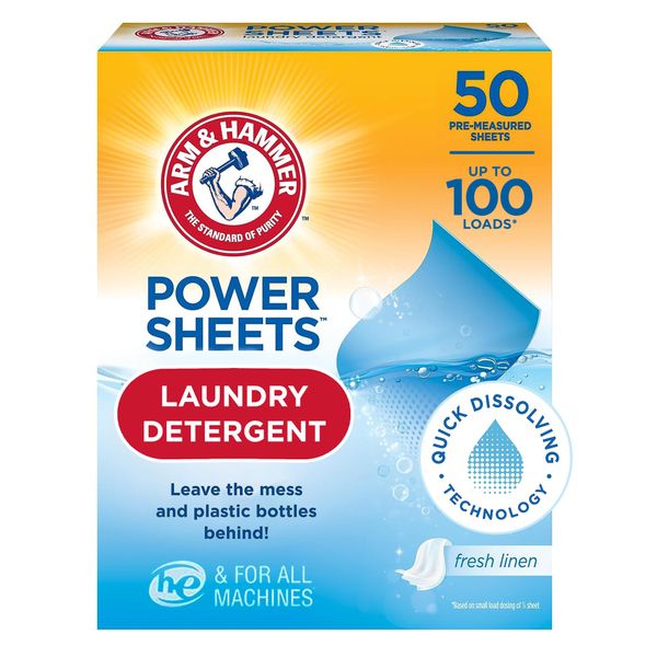 Arm and Hammer Power Sheets Laundry Detergent, Fresh Linen Laundry Sheets 50ct, up to 100 Small Loads, Ultraconcentrated Washing Detergent for deep clean, Laundry Detergent Sheets for Washing Machine