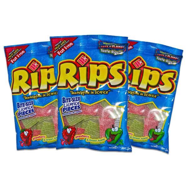 Rips Licorice Bite Size Candy - Strawberry & Green Apple - Fruit Juice Flavored Fat Free 3.5 oz (3)