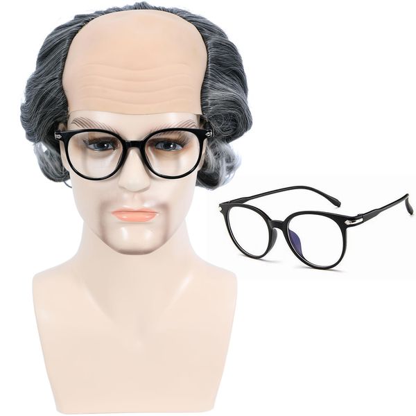 Bettecos Old Man Costume Wig and Glasses Bald Cap Curly Synthetic Hair Wigs for Mens Cosplay Halloween Party (Grey Mixed White)