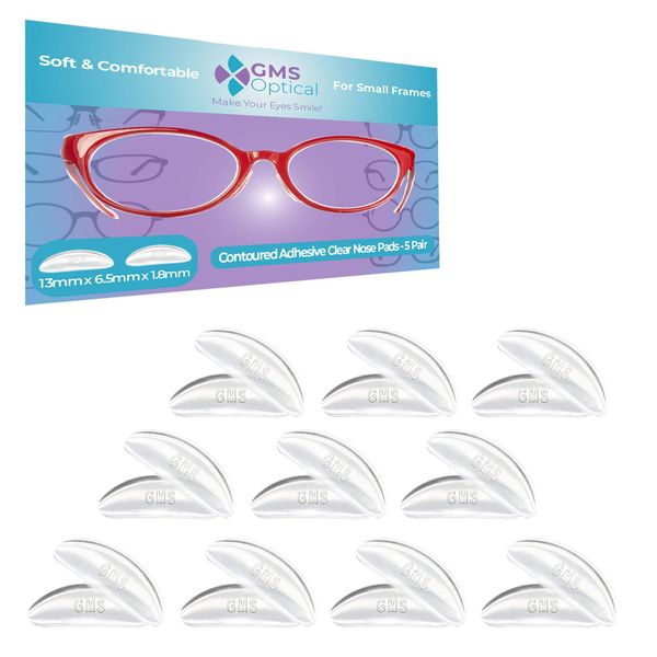 GMS Optical® 1.8 Reg Thick / 13mm Short Length - Kids Small Adhesive Anti-Slip Contoured Silicone Eyeglass Nose Pads - Perfect for Kid Glasses and Smaller Frame (5 Pair - 2 Pair)(10 Pair Total)(Clear)