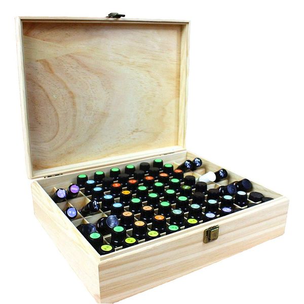 Pure Vie Essential Oil Wooden Storage Box Travel Display Presentation, Holds 56 Bottles & 12 Roller Balls - Aromatherapy Organizer Nail Polish Fragrance Container - Keep Your Oils Safe & Space Saver