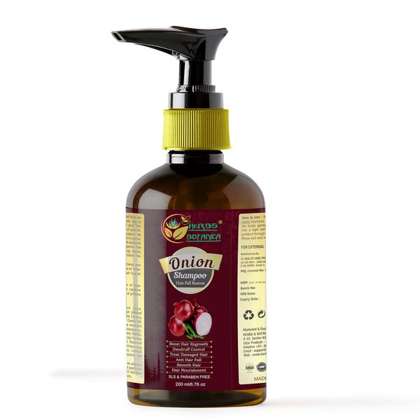 Herbs Botanica Red Onion Shampoo for Hair Growth with Caffine Curry Leaf and Indian Alkanet Root | Controls Hair Fall Control & Dandruff 6.76 fl oz / 200 ml