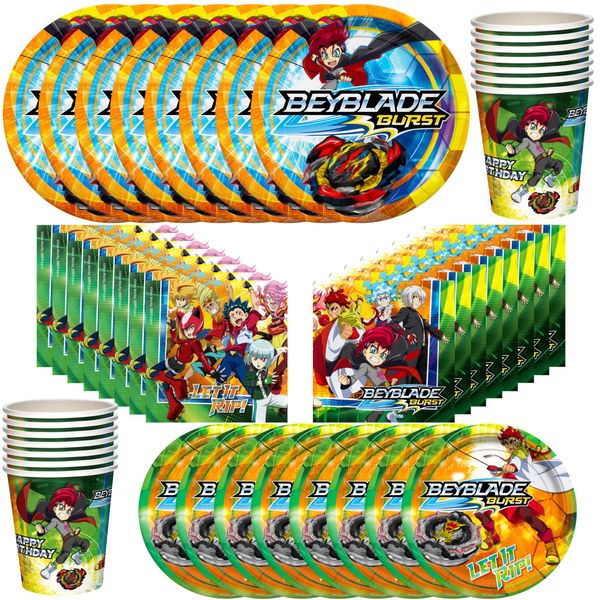 Treasures Gifted Officially Licensed BEYBLADE BURST Party Supplies - Serves 24 Guests - Classic Set BEYBLADE Party Supplies - BEYBLADE Birthday Party Supplies - BEYBLADE Plates and Napkins and Cups