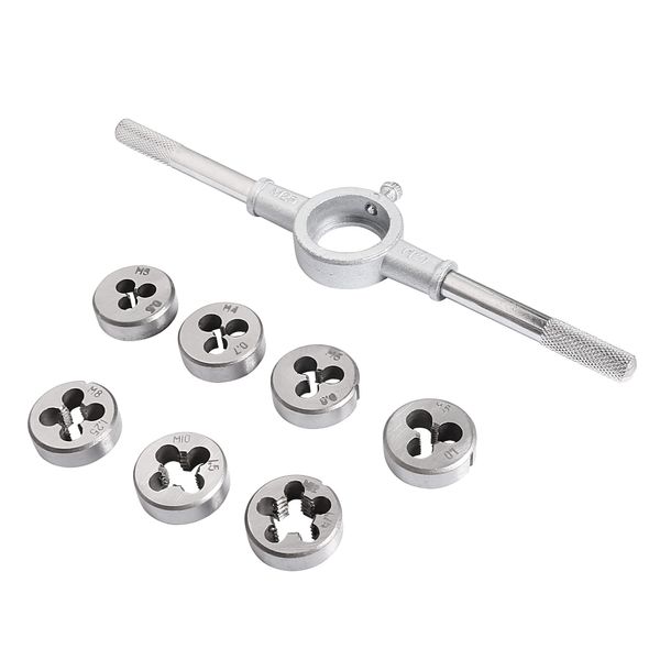 sourcing map 8pcs Round Die Stock Handle Wrench Set, M3 M4 M5 M6 M8 M10 M12 Metric Threading Dies & 25mm (1") Die Holder for Bolt Thread Repair