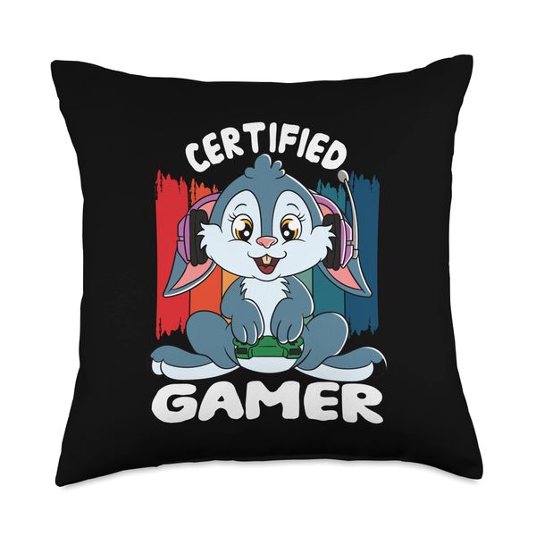 Rabbit with Gamer Headset Gaming Rabbit Certified Gamer Throw Pillow
