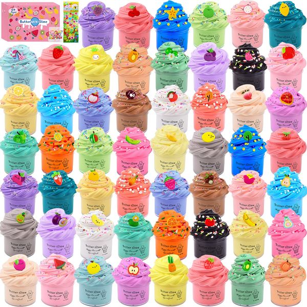 54 Pack Mini Butter Slime Kit for Girls Boys, Scented Fruit Party Favors, Soft and Non-Sticky, Stress Relief Putty Toys Kids，Educational