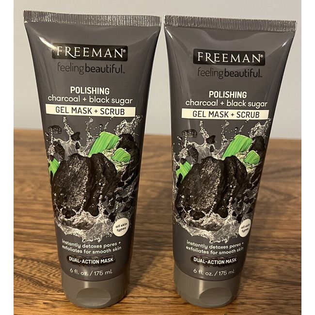 NEW 2 Pack Freeman Polishing Charcoal & Black Sugar Gel Mask + Scrub 6 fl oz ea