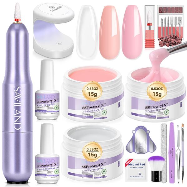 SAVILAND Builder Gels Nail Kit: 3pcs 15g Ultra Hard Gel for Nails Castor Oil VE Gel Builder for Nails Extension Strengthener with Nail Forms U V Nail Lamp Nail Drill Kit for Nail Art (Clear Pink Nude)