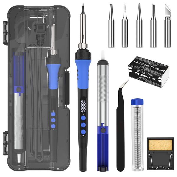 Soldering Iron Kit, 90W 110V LCD digital soldering gun，12-in-1 Soldering Iron Kit Tool，Temperature adjustable from 180-480°C，5 soldering tips，soldering wire，soldering paste，soldering pump