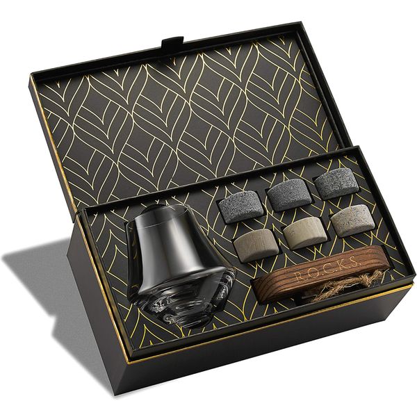 Whisky Glas & Whiskey Steine Set - 6 Handgefertigte Runde Granit Whisky Steine - Nosing Glas für Scotch, Bourbon Whisky Tasting - Hartholz-Brett- Whisky Geschenkset Box in Goldfolie von Rocks