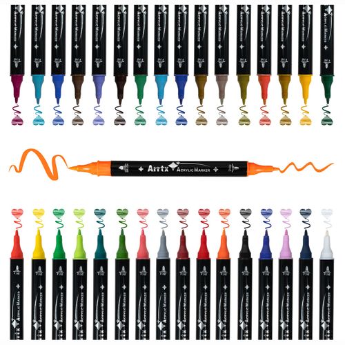 Arrtx Acrylic Paint Pens, 32 Colours Brush and Fine Tips Acrylic Markers, Rock Painting Pens Glass Pens with Water Based Ink for Metal, Plastic, Wood, Canvas, Card Making Decoration.