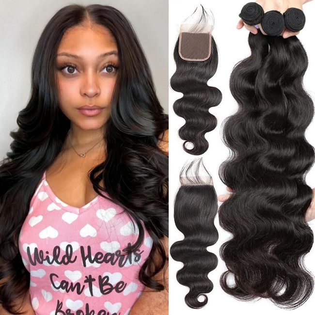 Releek Body Wave Bundles with Closure (18 18 18+16 Inch) Brazilian Human Hair 3 Bundles with 4x4 HD Lace Closure 100% Unprocessed Virgin Hair Body Wave Bundles Body Wave Natural Color for Black Women