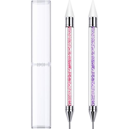2 Pieces Rhinestone Picker Dotting Pen, Dual-ended Rhinestone Gems Crystals Studs Picker Wax Pencil Pen Crystal Beads Handle Manicure Nail Art DIY Decoration Tool (Pink Purple)