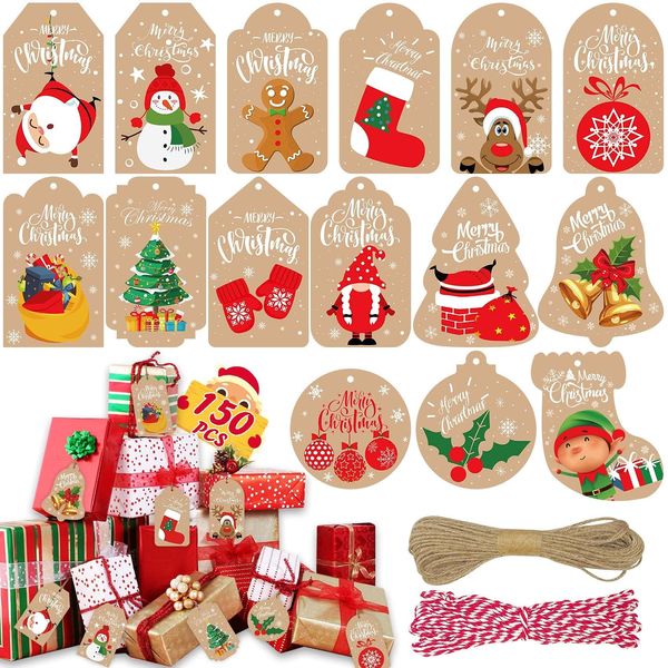 Funnlot Weihnachten Geschenkanhänger,150 Stück Geschenkanhänger Kraftpapier Weihnachtsanhänger Weihnachten Etiketten mit Schnur für Geschenkverpackung Weihnachtsbaum Dekoration