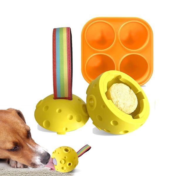 Baitedelai Dog Chew Toys,Treat Tray for Frozen Dog Food,Long-Lasting Durable Fillable Dog Treat Dispensing Dog Toy,Freezable Fillable Rubber Dog Toys with Silicone Treat Tray (Yellow&Treat Mold)