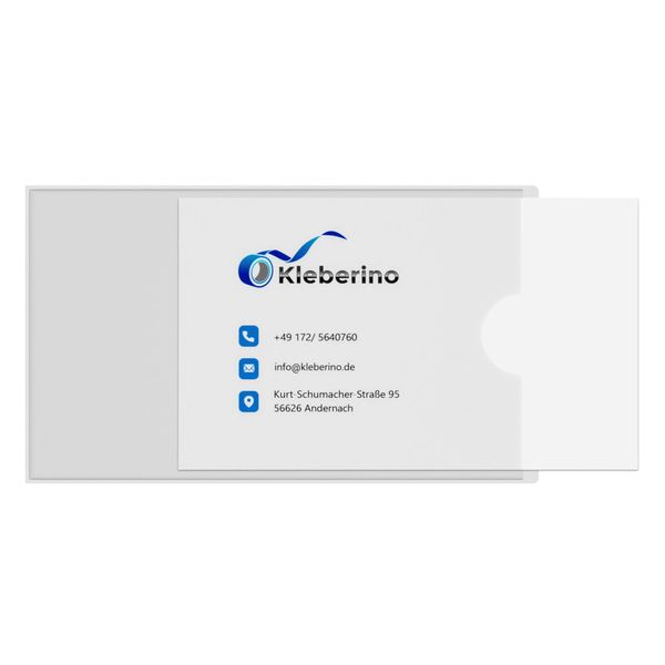 KLEBERINO Visitenkartentaschen selbstklebend | transparent | schmale Seite offen mit Daumenaussparung | Visitenkartenhüllen zum Kleben | Selbstklebetaschen Glasklar 95 x 60 mm (100)