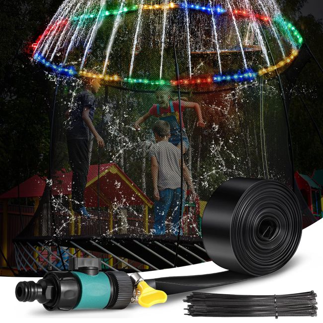 Trampoline Sprinkler for Kids with 39.4ft LED Trampoline Lights 39 ft Long Outdoor Trampoline Water Sprinkler with Remote Control Trampoline Rim LED Light for Outdoor Water Games Yard (Water Whirl)