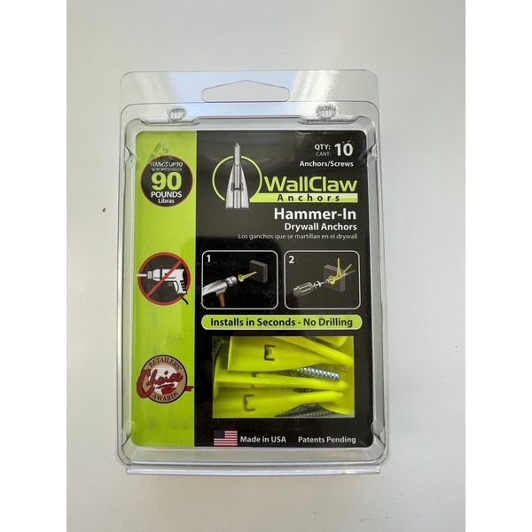 QTY: 10 Pack WallClaw Hammer In Drywall Anchors & Screws holds up to 125lbs