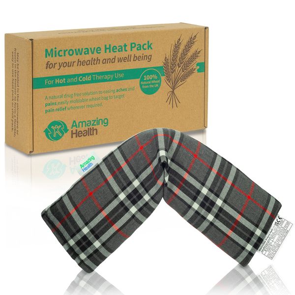 Amazing Health Unscented Grey Tartan Microwavable Heat Pack - 42cm Long - Soothing Pain Relief for Neck and Shoulders