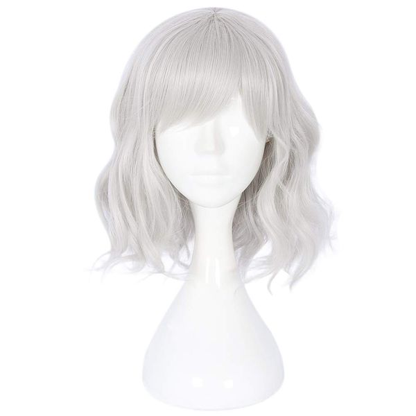 14" Women Short Bob Wig with Bangs Curly Wavy Harajuku Synthetic Cute Daily Halloween Party Cosplay Hair(silver)