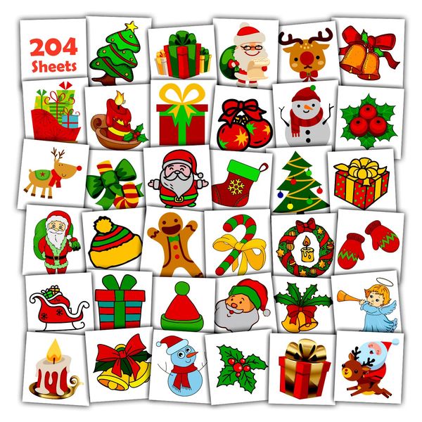 Leesgel Kids Tattoos for Christmas Stocking Fillers, 204 Sheets Individual Christmas Stickers for Children Birthday Gifts Decorations Xmas Ornaments Toys Party Supplies Favours